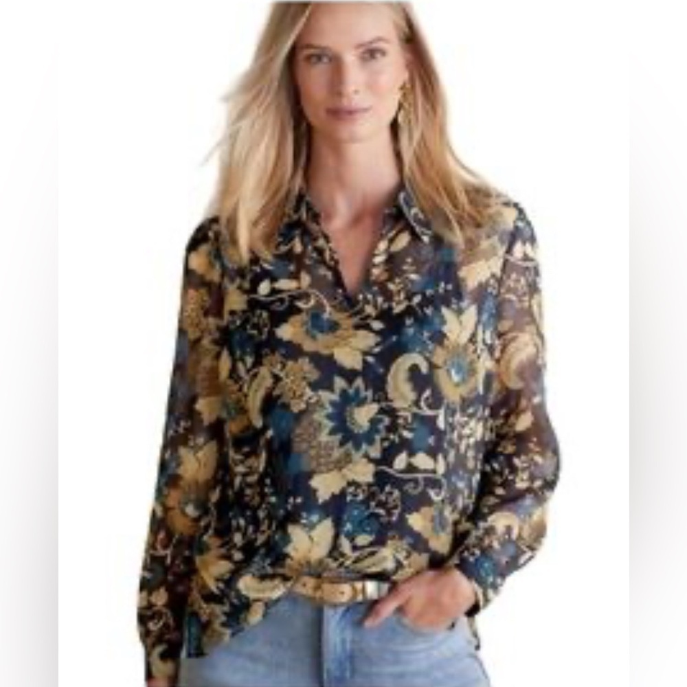 Soft Surroundings Viola Shimmering‎ Sheer Floral Metallic Blouse